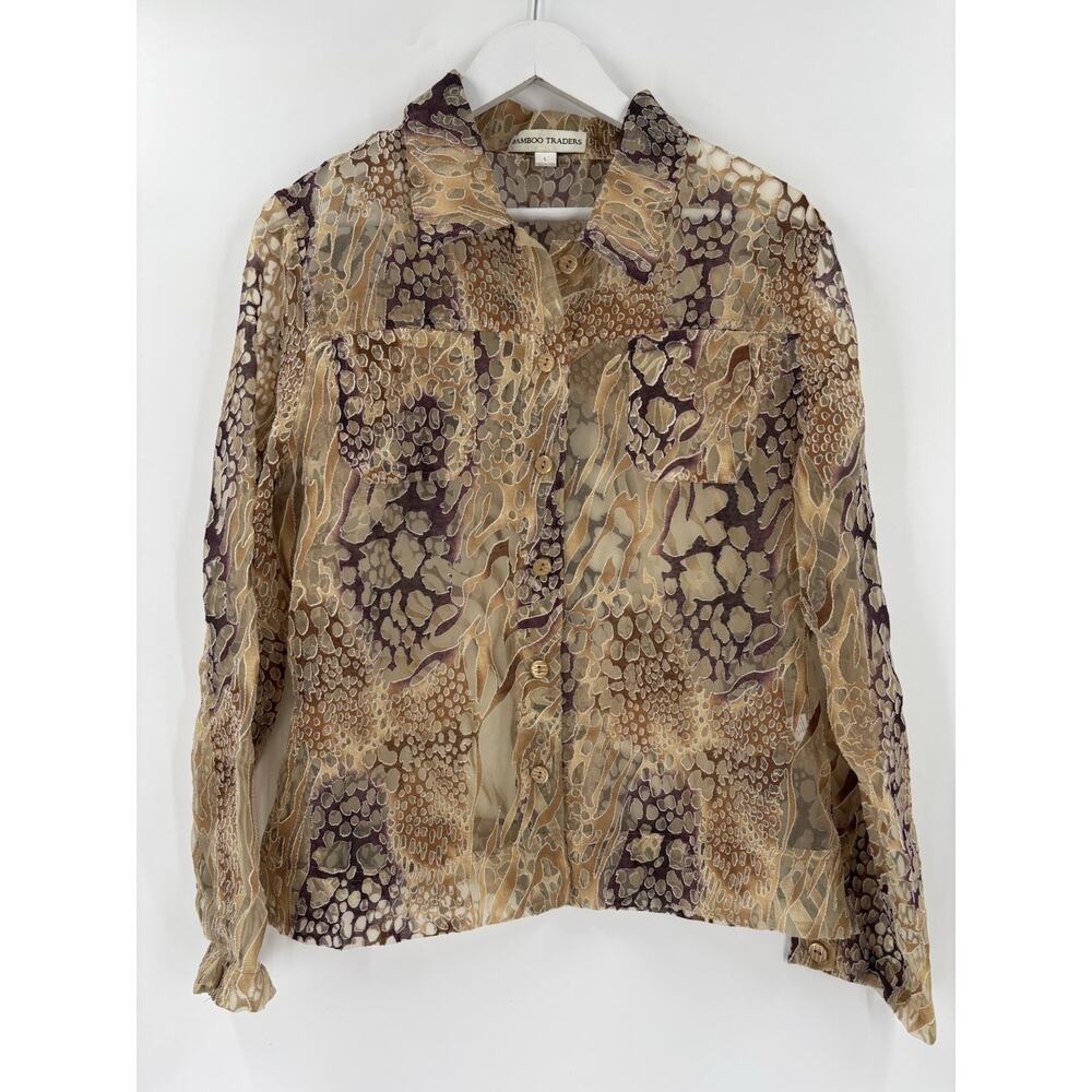 Bamboo Traders Button Up Shirt Womens Large Gold Brown Sheer Flax Animal Print